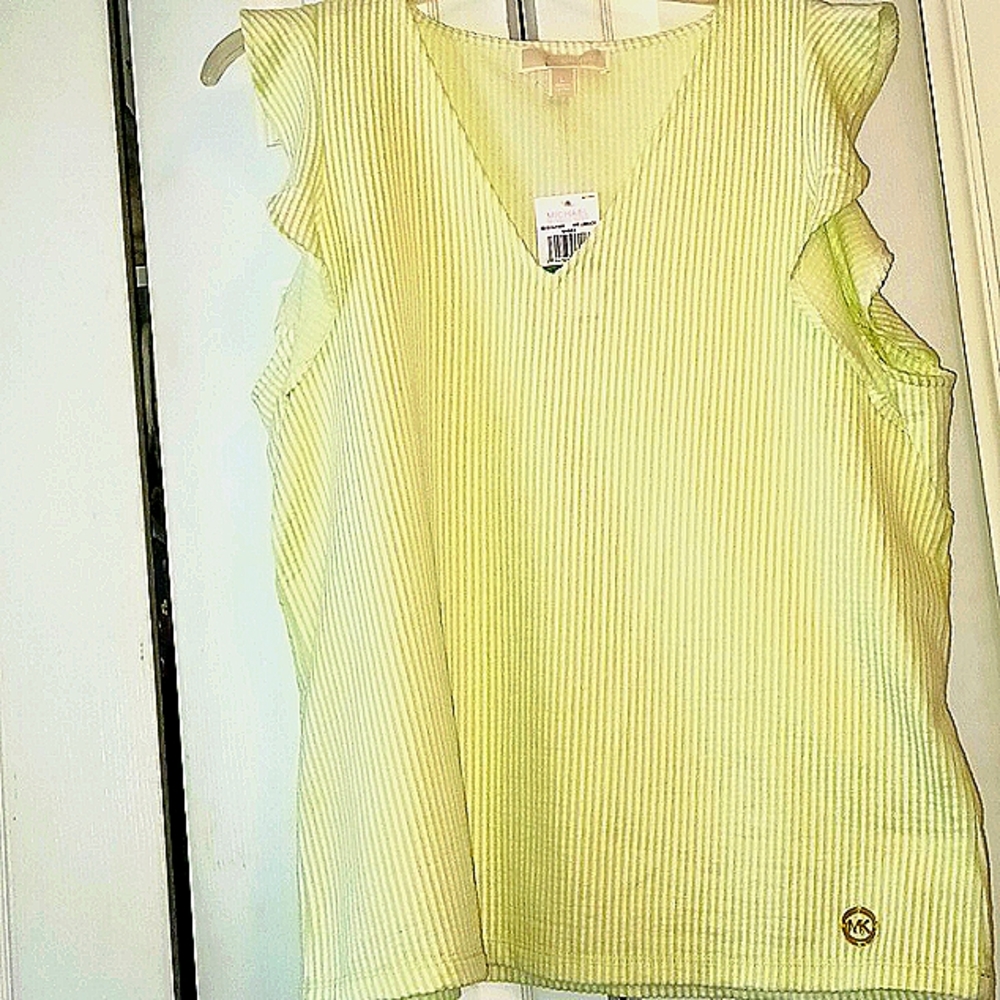 *NWT* Michael Kors Lime & White Ruffled Tank Top Sz L
